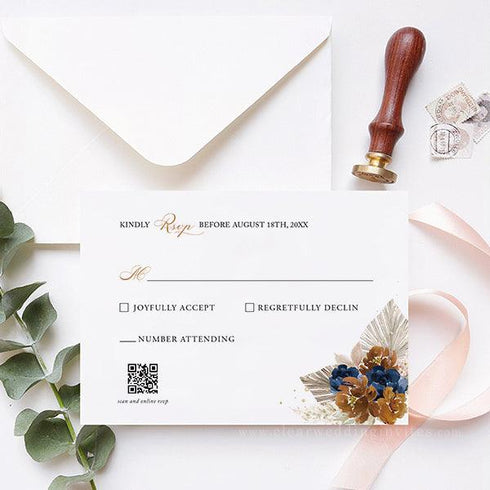 bohemian rust orange and navy floral acrylic wedding invitations CWIA179